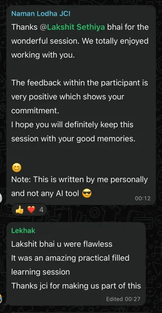 WhatsApp feedback message 1 from AI workshop attendee