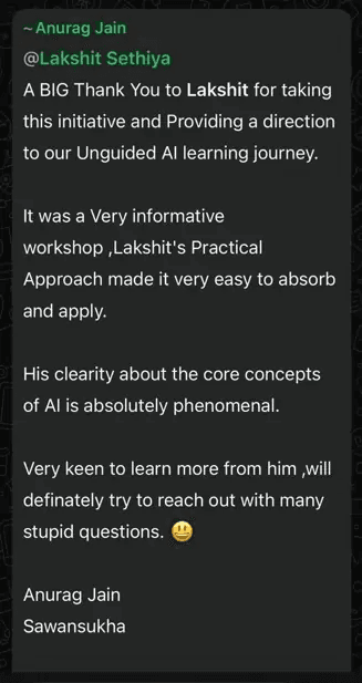 WhatsApp feedback message 2 from AI workshop attendee