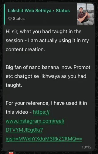 WhatsApp feedback message 4 from AI workshop attendee
